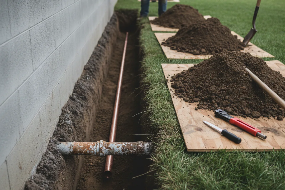 Excavated water line trench during Water Softener Installation in New Rochelle